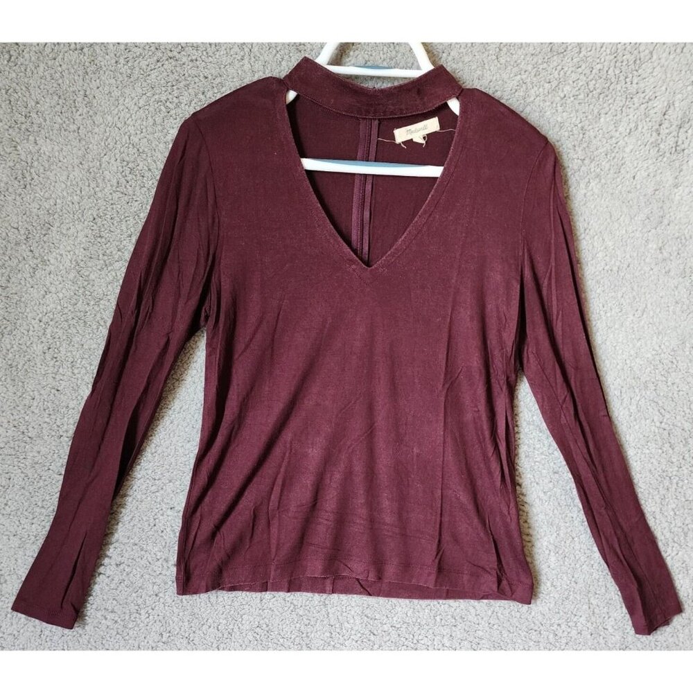 Madewell Women's Long Sleeve Keyhole Cut Out V Neck Top Maroon Lyocell Size M
